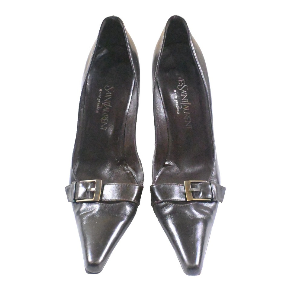 Vintage YSL Yves Saint Laurent Rive Gauche Brown Leather Buckle Pumps Size 39 US